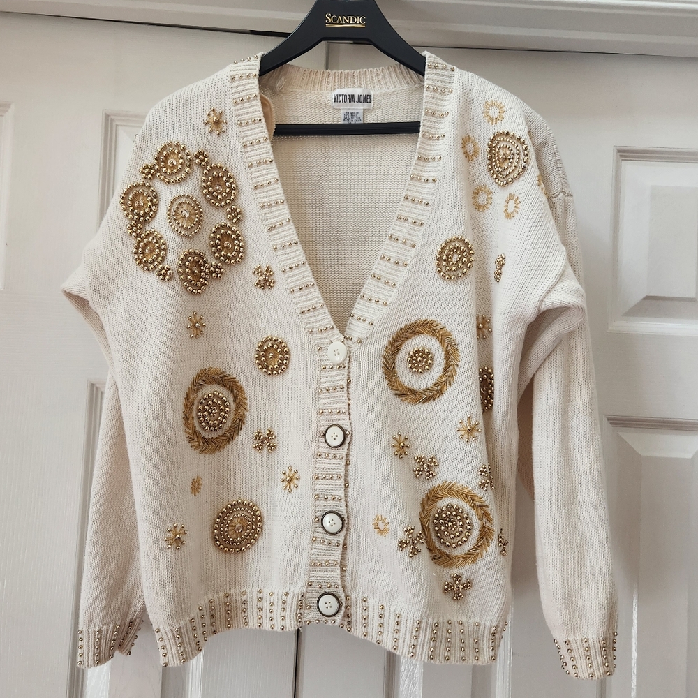 Vintage Ivory Gold Bead Embellished Ugly Christmas Cardigan Sweater